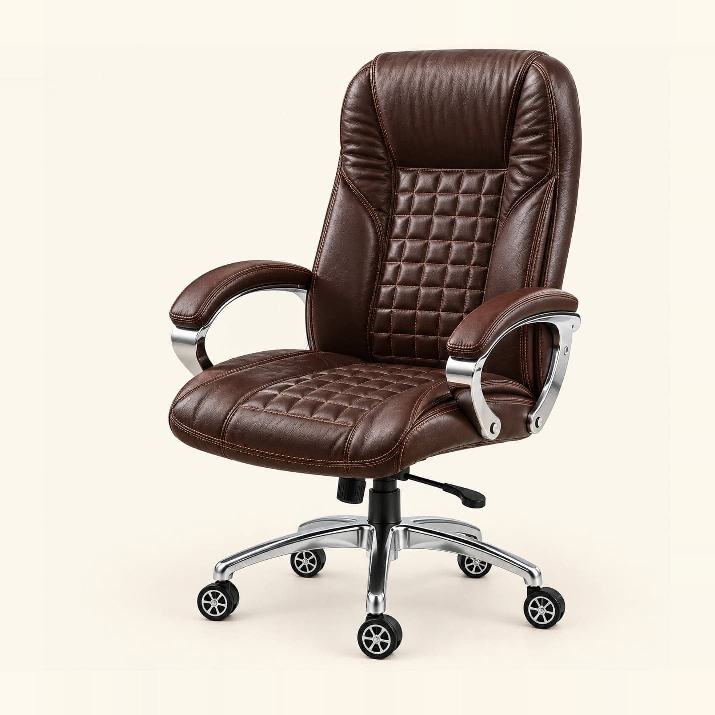 Quilted Boss Chair in brown, front three-quarter view