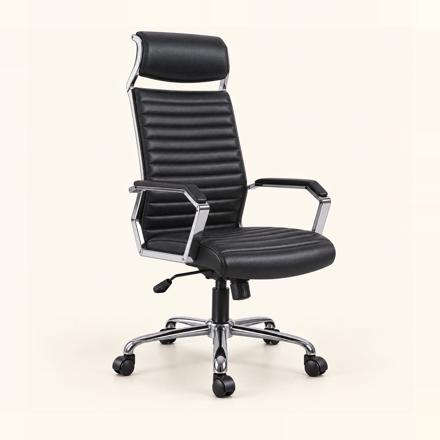 Ribbed Manager Chair with Headrest in black, front three-quarter view