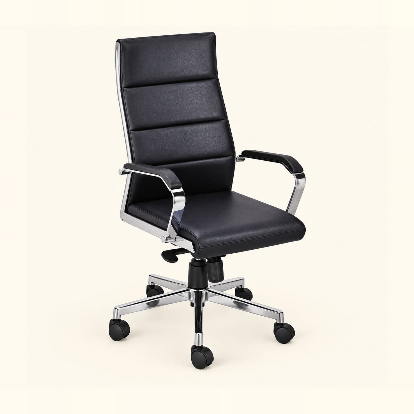 Panelled High-Back Manager Chair with Chrome Arms in black, front three-quarter view