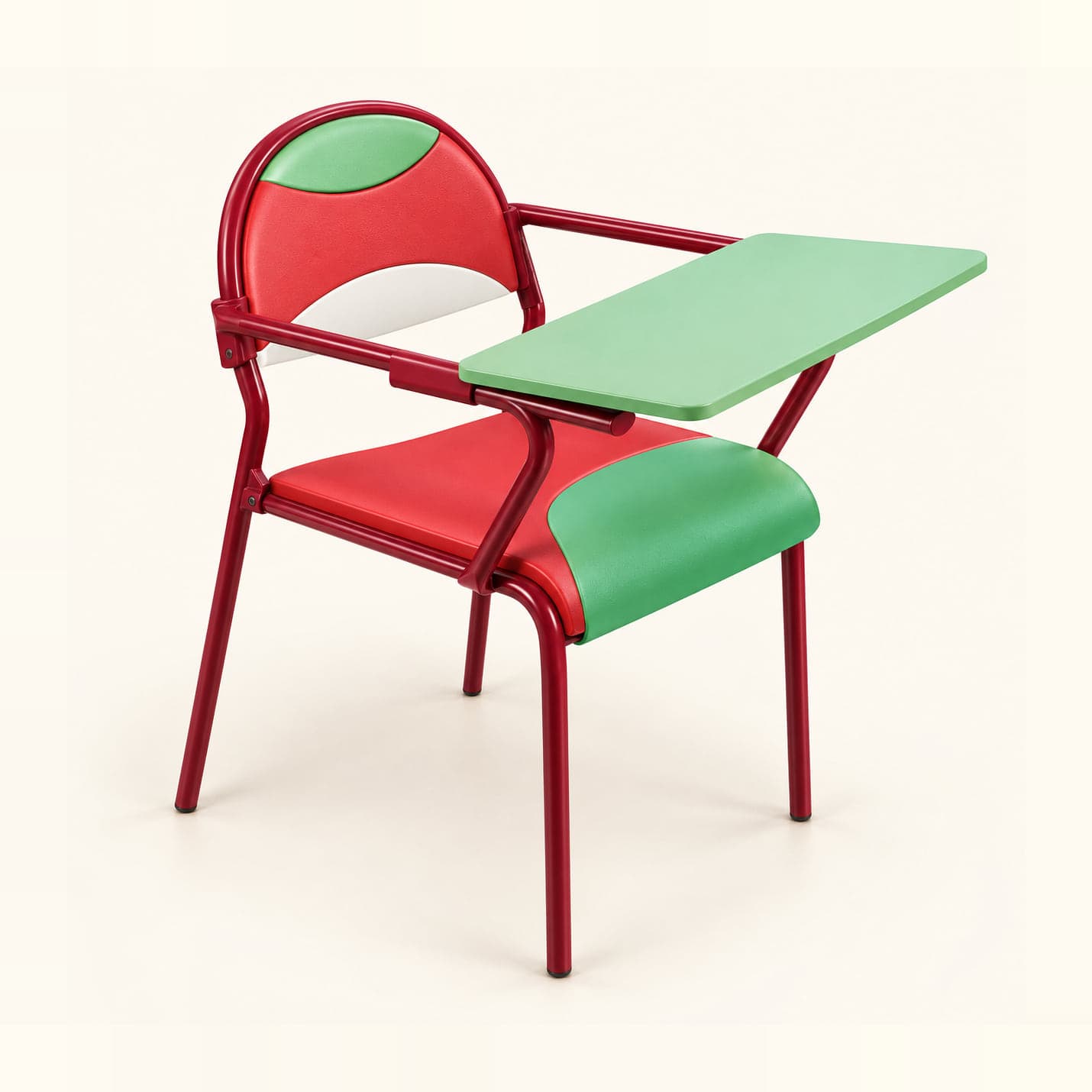 Two-Tone Tablet Chair in red and mint, front three-quarter view