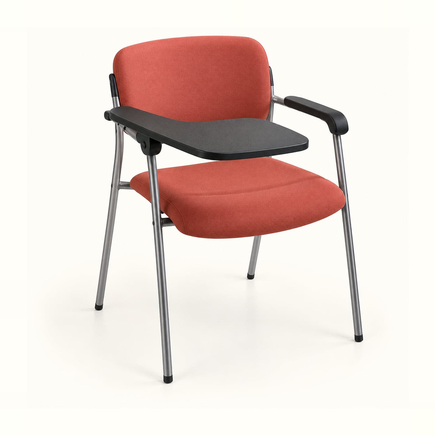 Upholstered Tablet Chair with Padded Arm in coral fabric, front three-quarter view