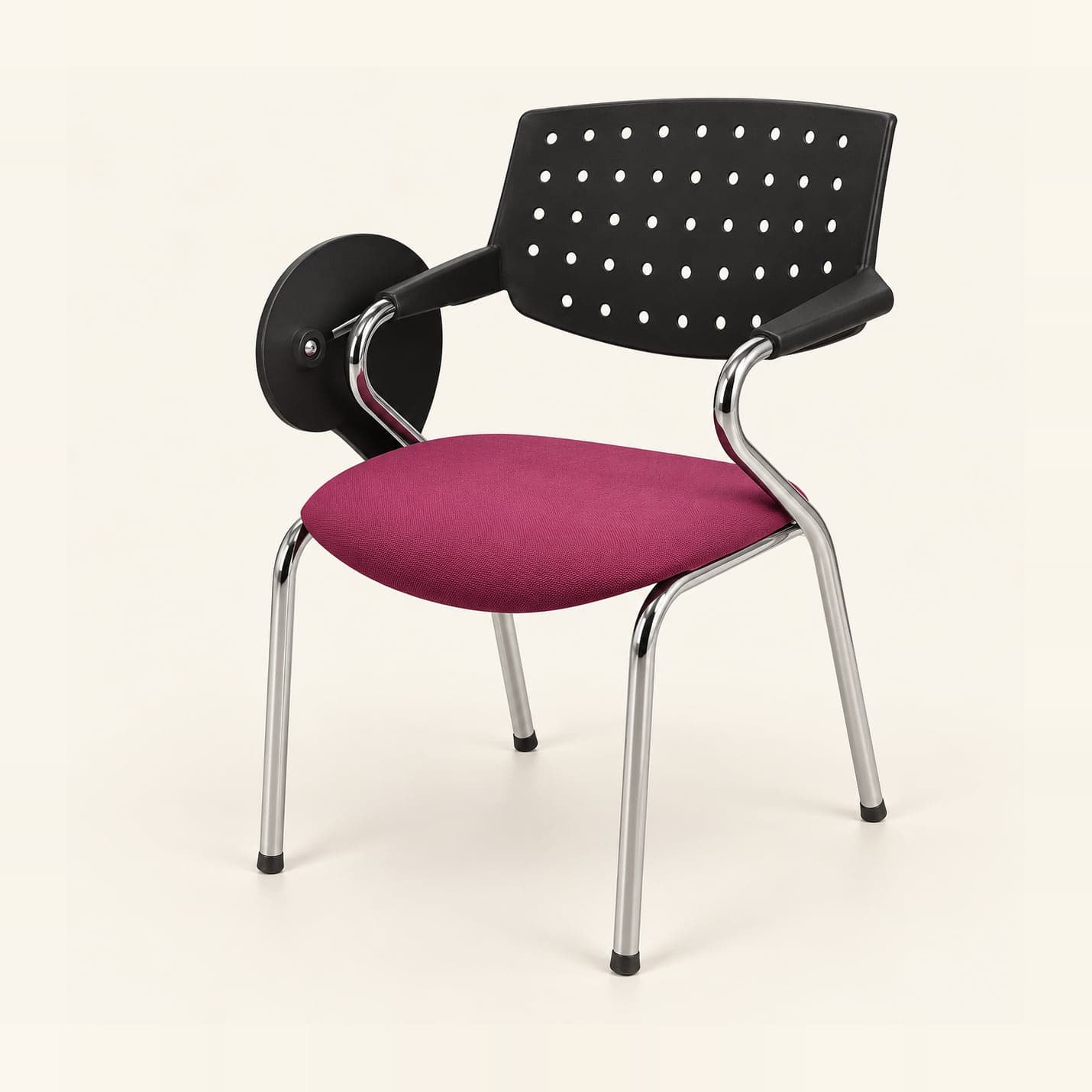 Perforated-Back Chair with Folding Tablet in black and magenta, front three-quarter view