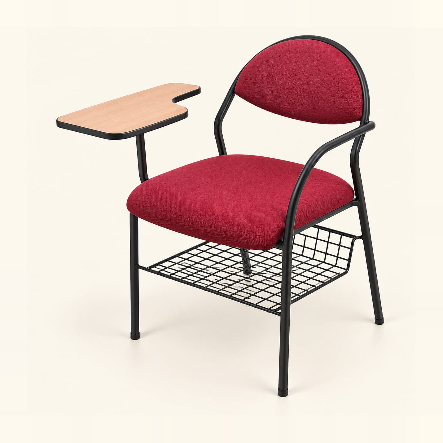 Round-Back Tablet Chair with Book Basket in maroon fabric, front three-quarter view