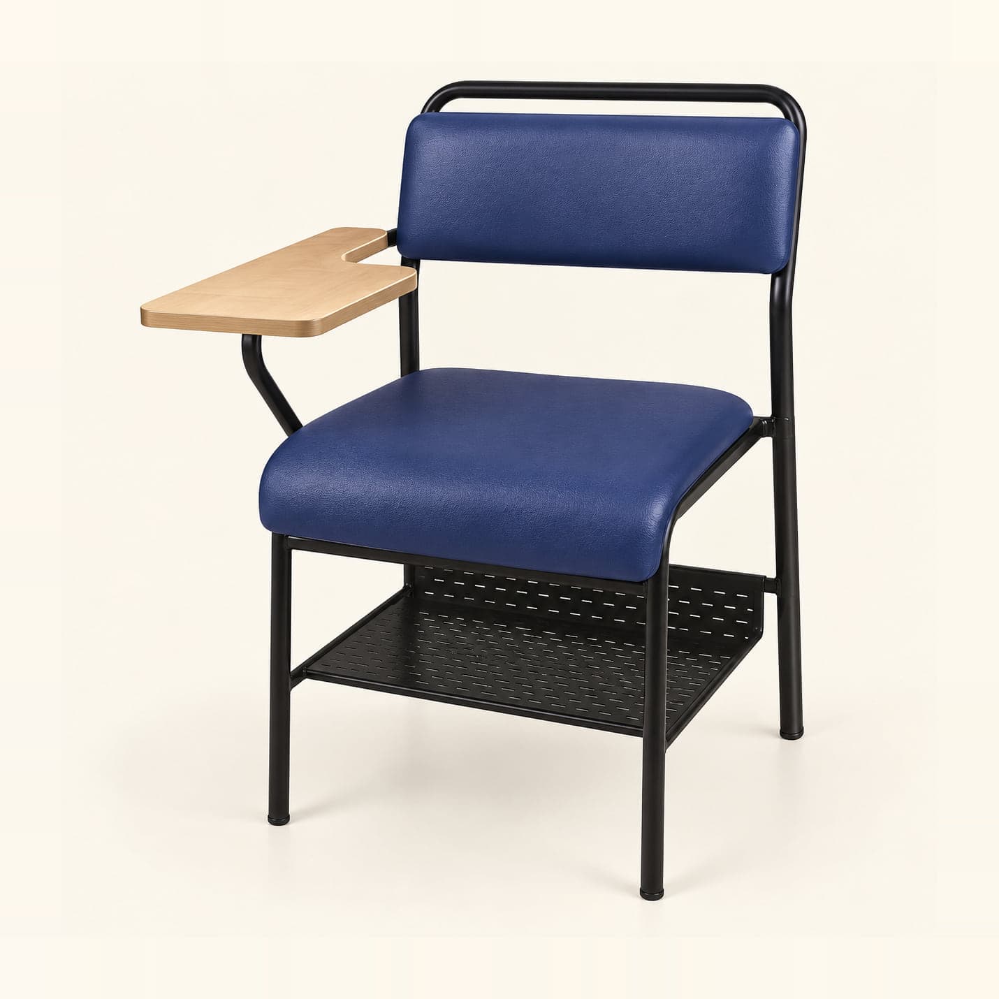 Upholstered Tablet Chair with Book Shelf in navy, front three-quarter view