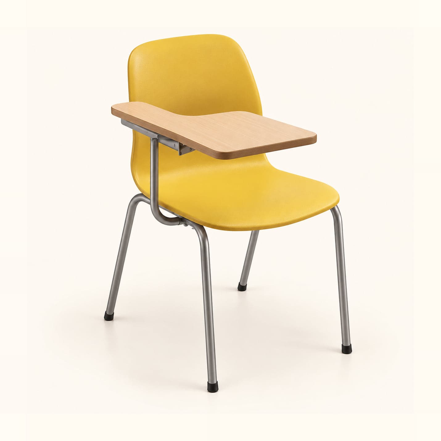 Curved Shell Tablet Chair in mustard yellow, front three-quarter view