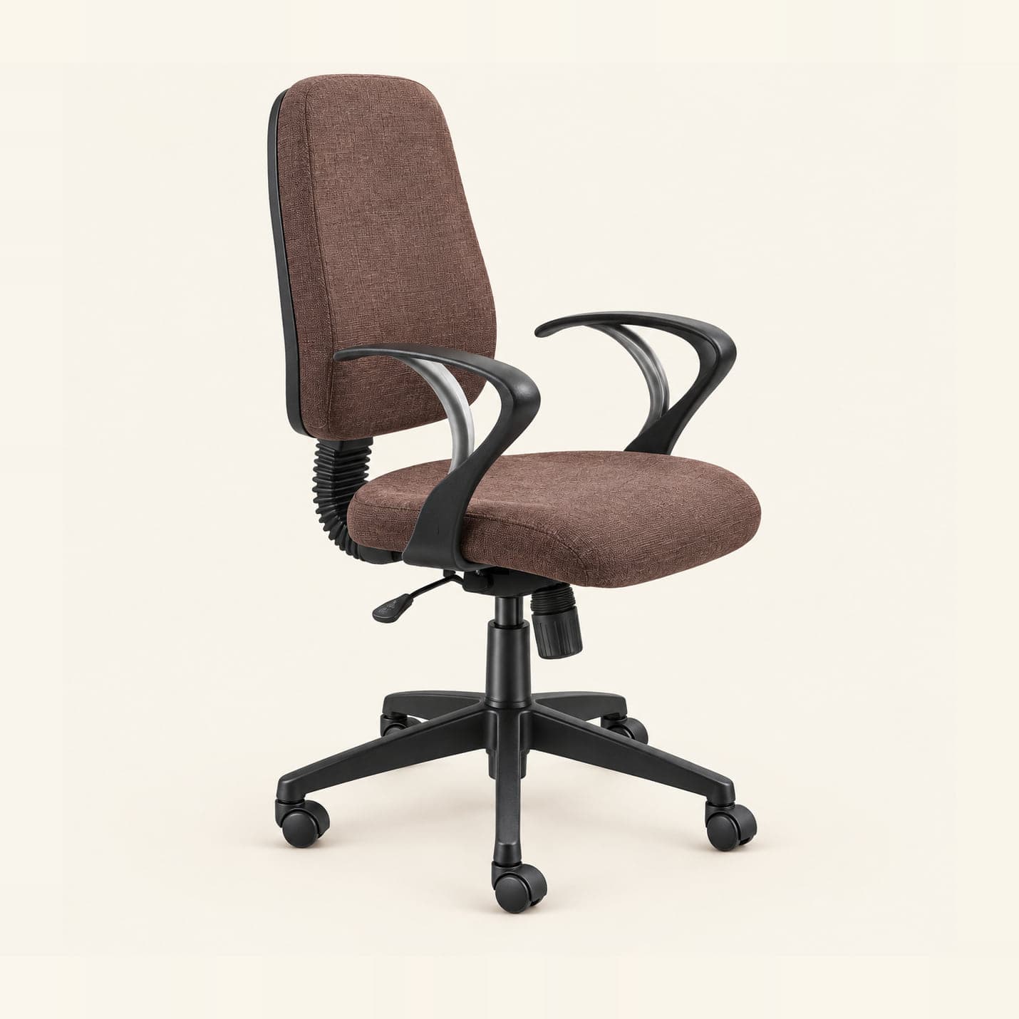 Bellows-Back Workstation Chair in brown fabric, front three-quarter view