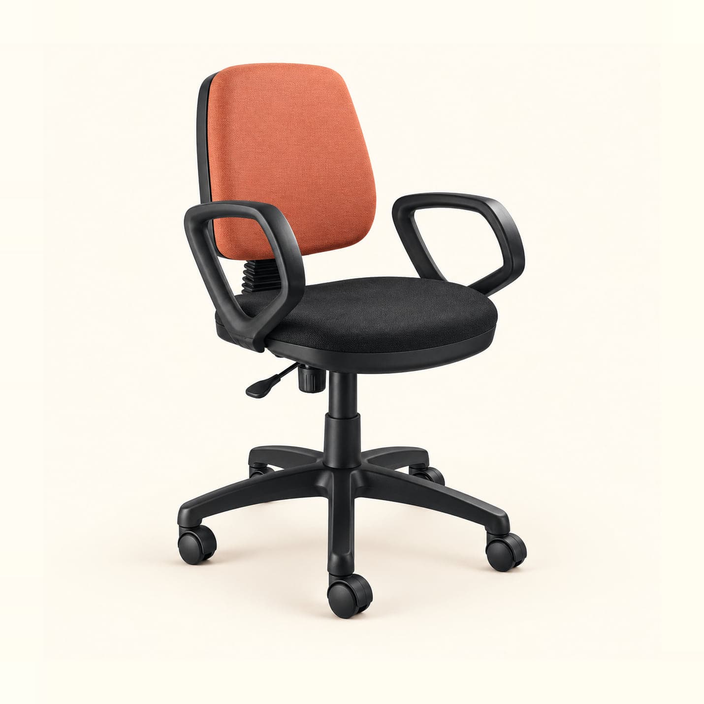 Two-Tone Workstation Chair in terracotta and black fabric, front three-quarter view