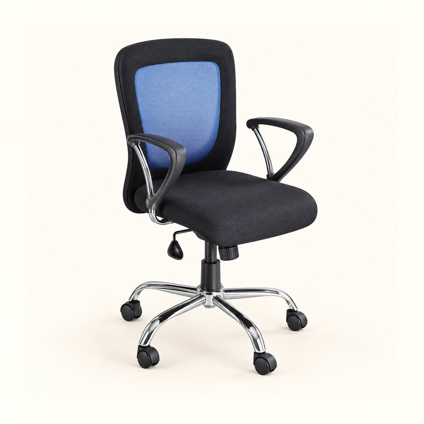 Mesh-Back Workstation Chair with a blue mesh back, front three-quarter view