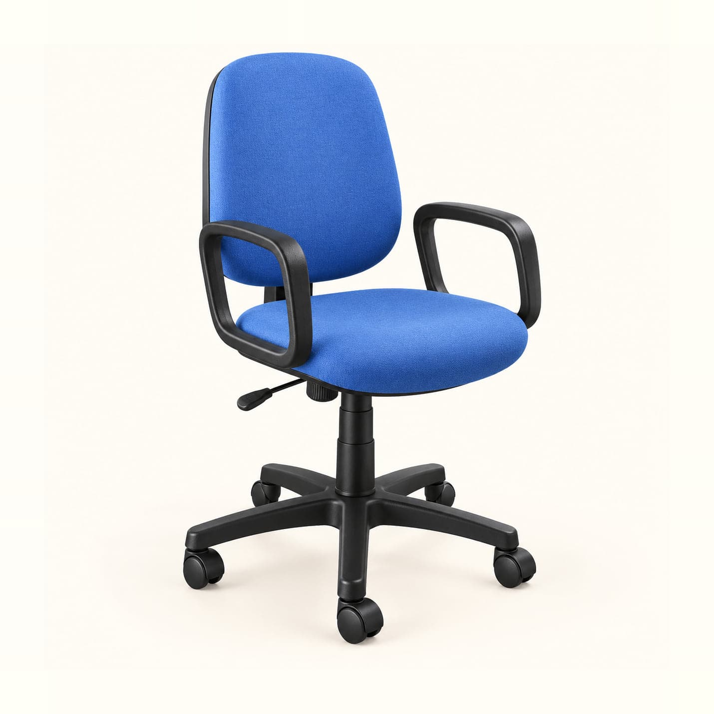 Square-Arm Workstation Chair in blue fabric, front three-quarter view